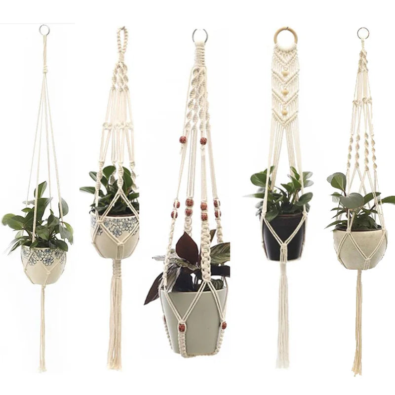 suspension murale macramé boho plante corde coton annneau métallique blanc artisanalintérieur jardin