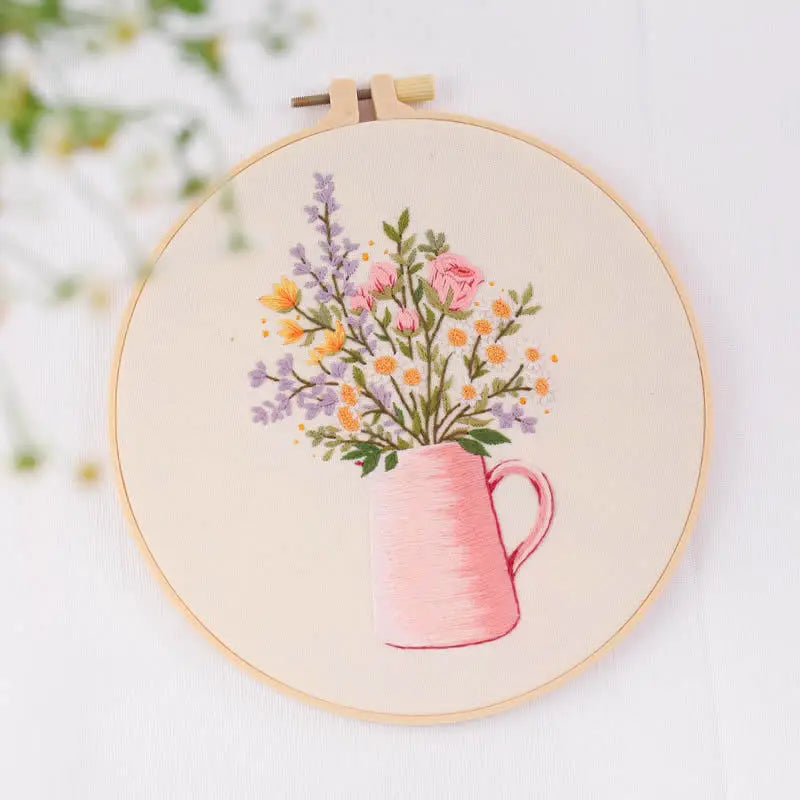 broderie fleur artisanale kit diy tissu coton couleurs vives instructions françaises anneaux bois