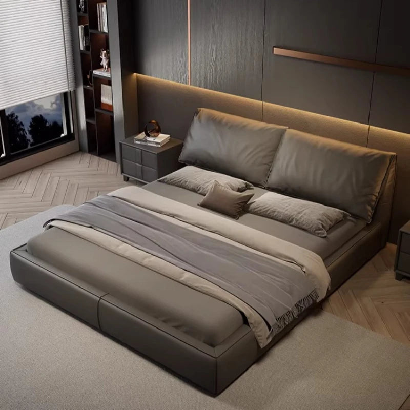 lit double moderne bois gris foncé simili cuir dossier souple chambre coucher