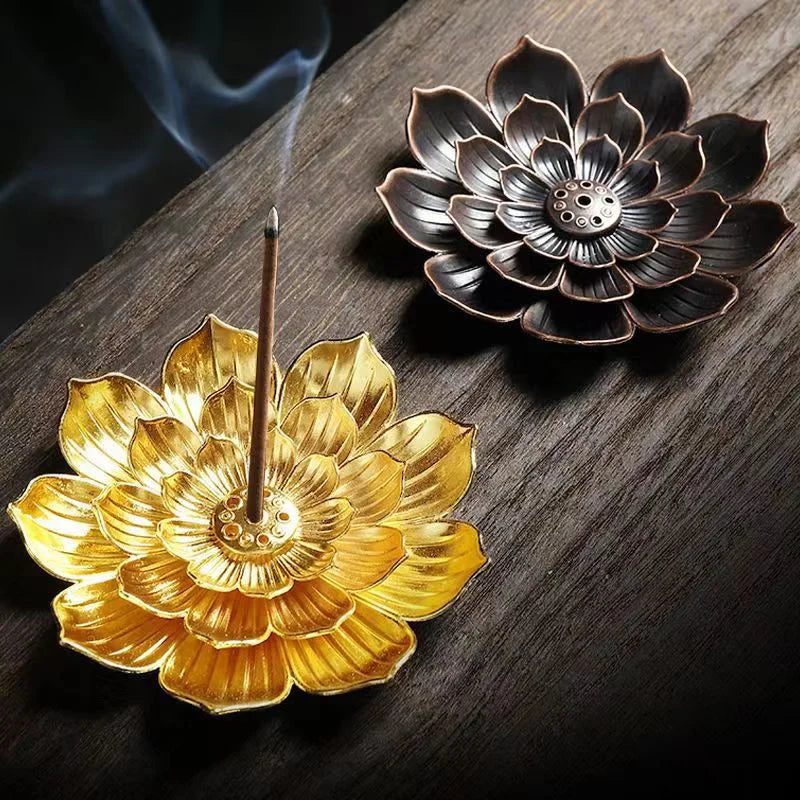 support encens fleur or artisanal incense burner cuivre décoration maison yoga