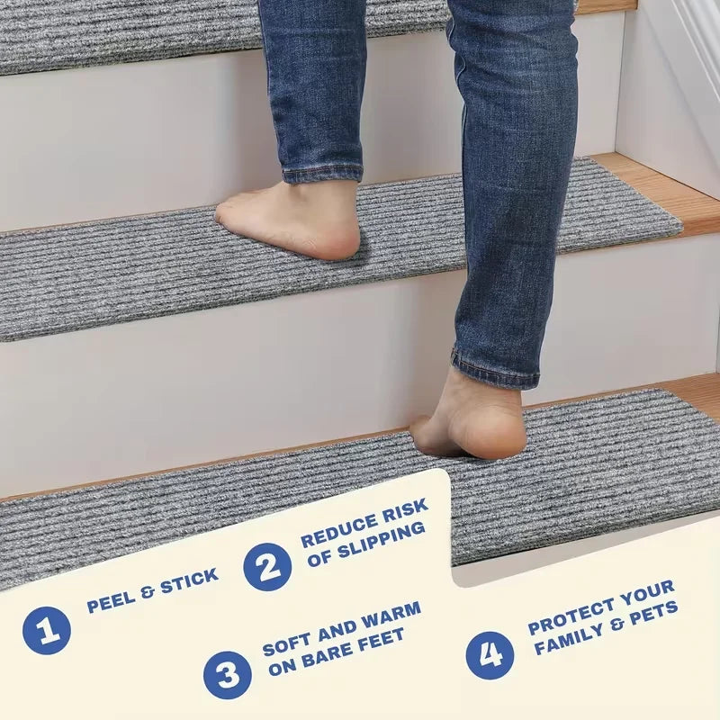 tapis d'escalier rayures horizontales gris moderne antidérapant polyester adhésif extérieur lavable 80cm