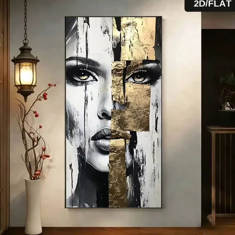 toile d'art contemporaine abstraite portrait huile blanc noir doré sans cadre 30x60cm 40x80cm 50x100cm