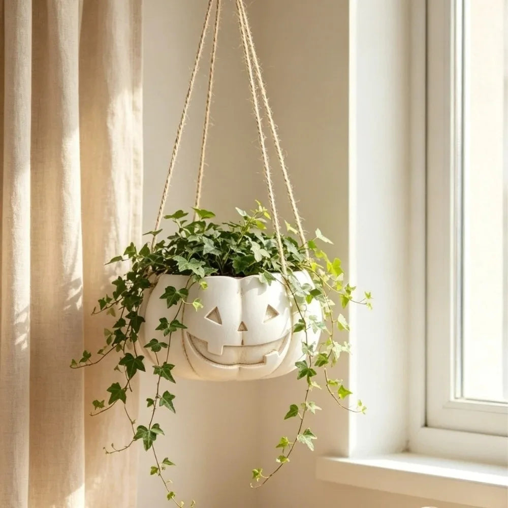 pot fleurs suspendu citrouille souriante halloween blanc orange décoration plante grimpante corde chanvre
