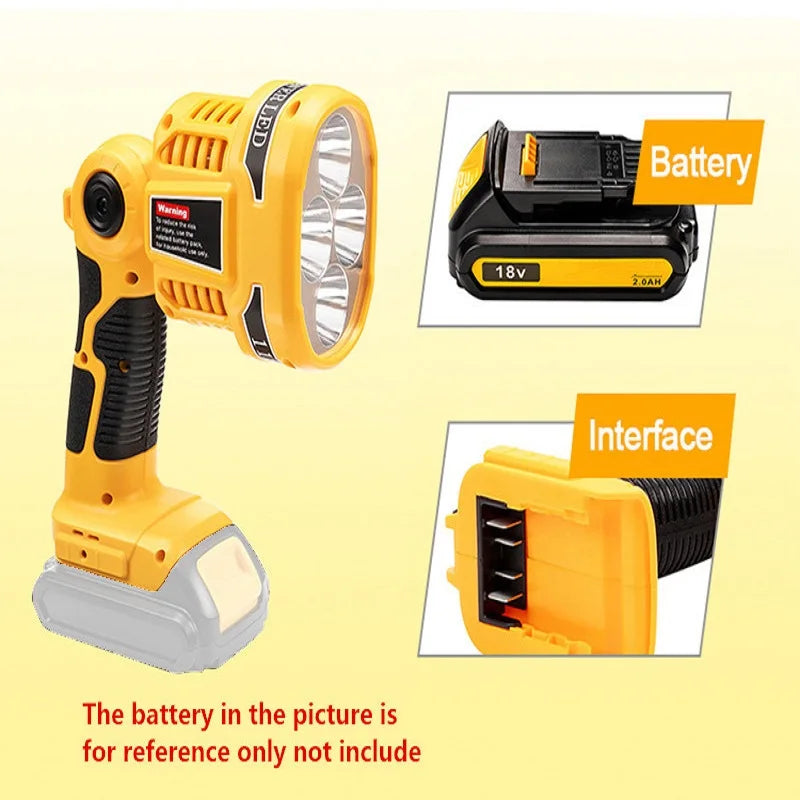 lampe led portable jaune noir industrielle batteries dewalt 14v 18v 20v modes lumiere stroboscope