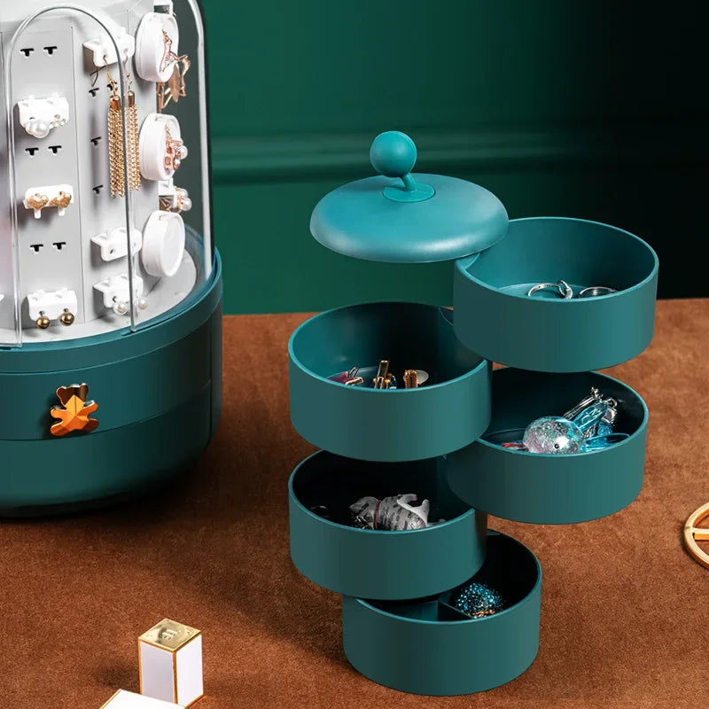 boîte bijoux rotative moderne vert foncé gris clair matériau plastique rangement bijoux adhésif boucles