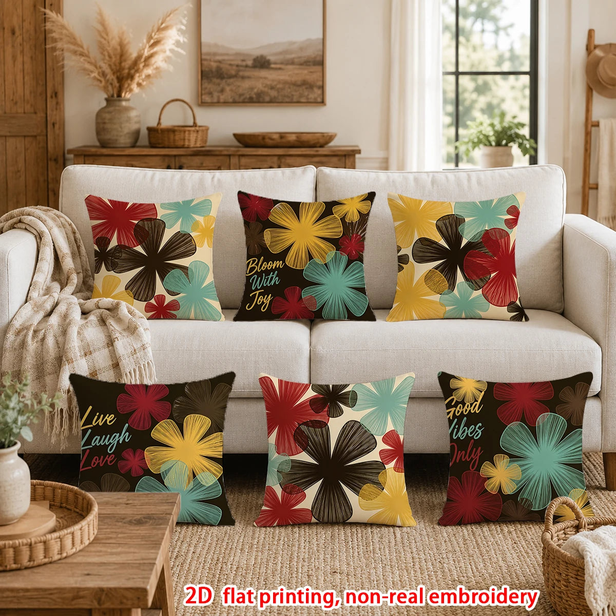 housses coussin motif floral moderne textes good vibes live laugh love pièces polyester machine