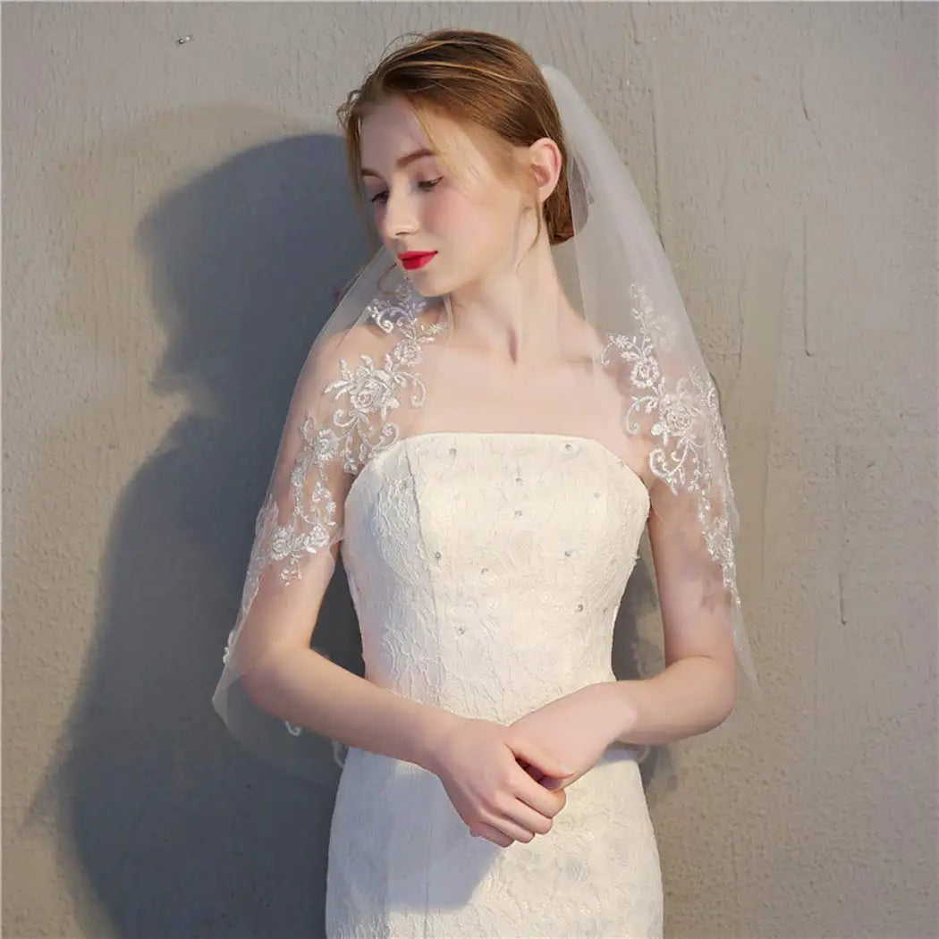 voile mariée dentelle florale deux couches transparent robe élégante romantique bord appliqué tulle doux