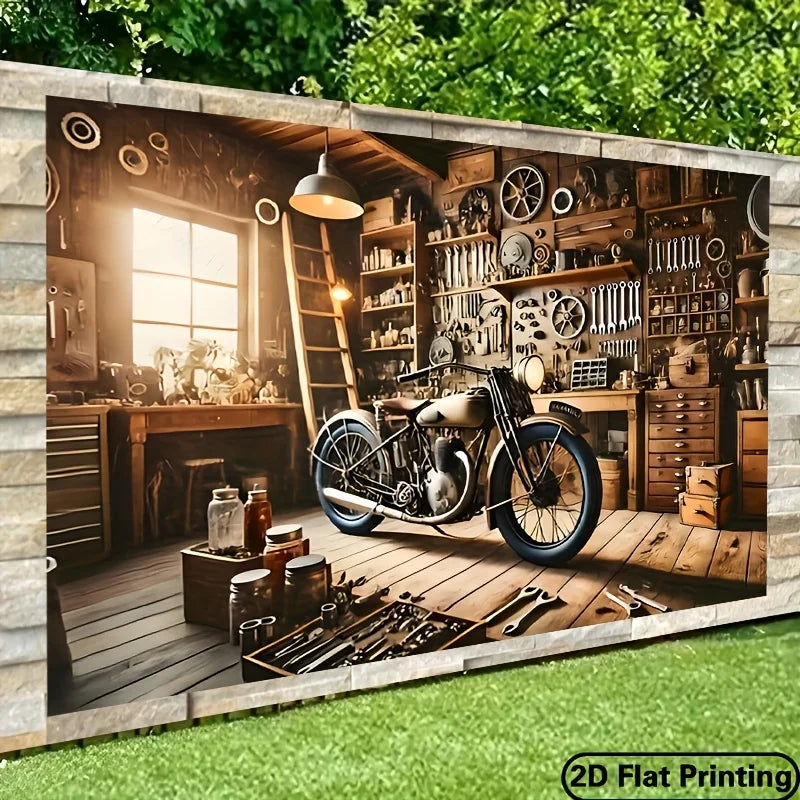 affiche atelier vintage moto outils décoration murale noire blanche marron verteSizeMode59x79in71x91in