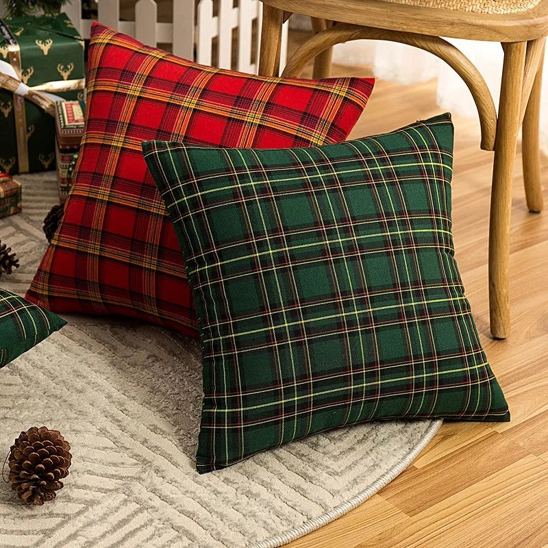 housses coussins carreaux écossais vert rouge jaune 100 polyester amovibles lavables traditionnel 30x50cm 45x45cm