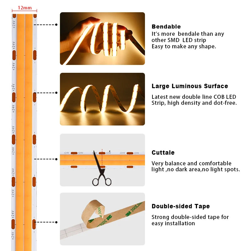 ruban led cob flexible double ligne 600 leds 3000k 4000k 6500k adhésif moderne
