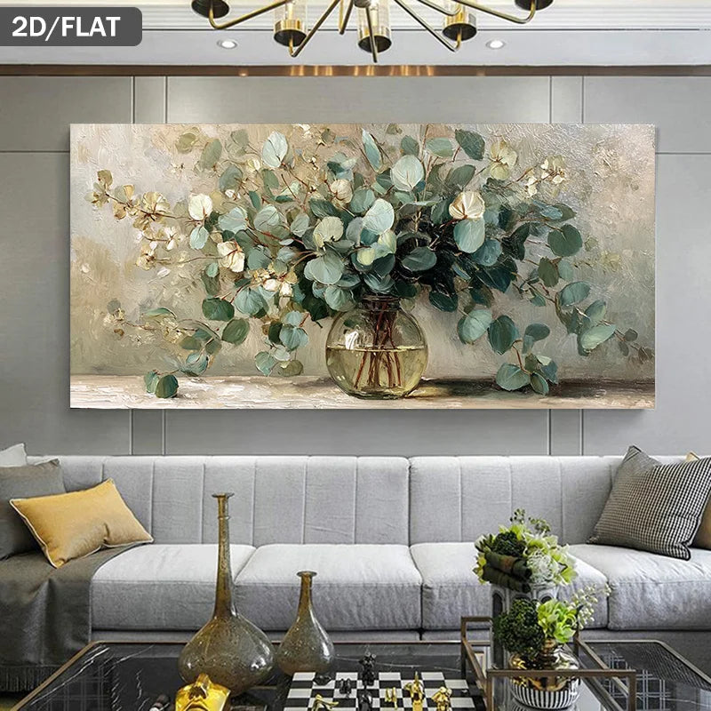 tableau toile fleurs feuilles moderne beige vert blanc décoration murale impression horizontale sans cadre