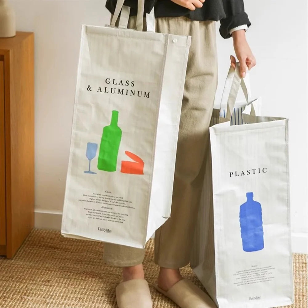 sac tri déchets beige imprimé moderne poignées détachables respectueux environnement 75x60x35cm