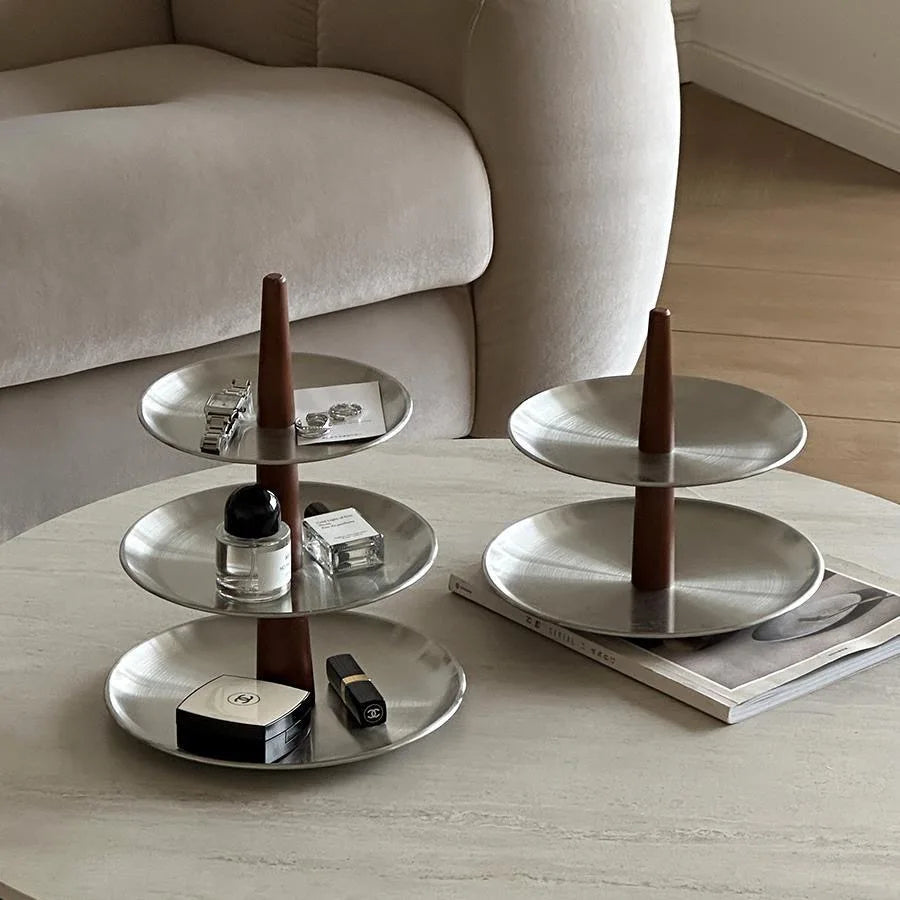 plateau rangement triple niveau acier inoxydable bois minimaliste modernes épurés bijoux clés cosmétiques gâteaux