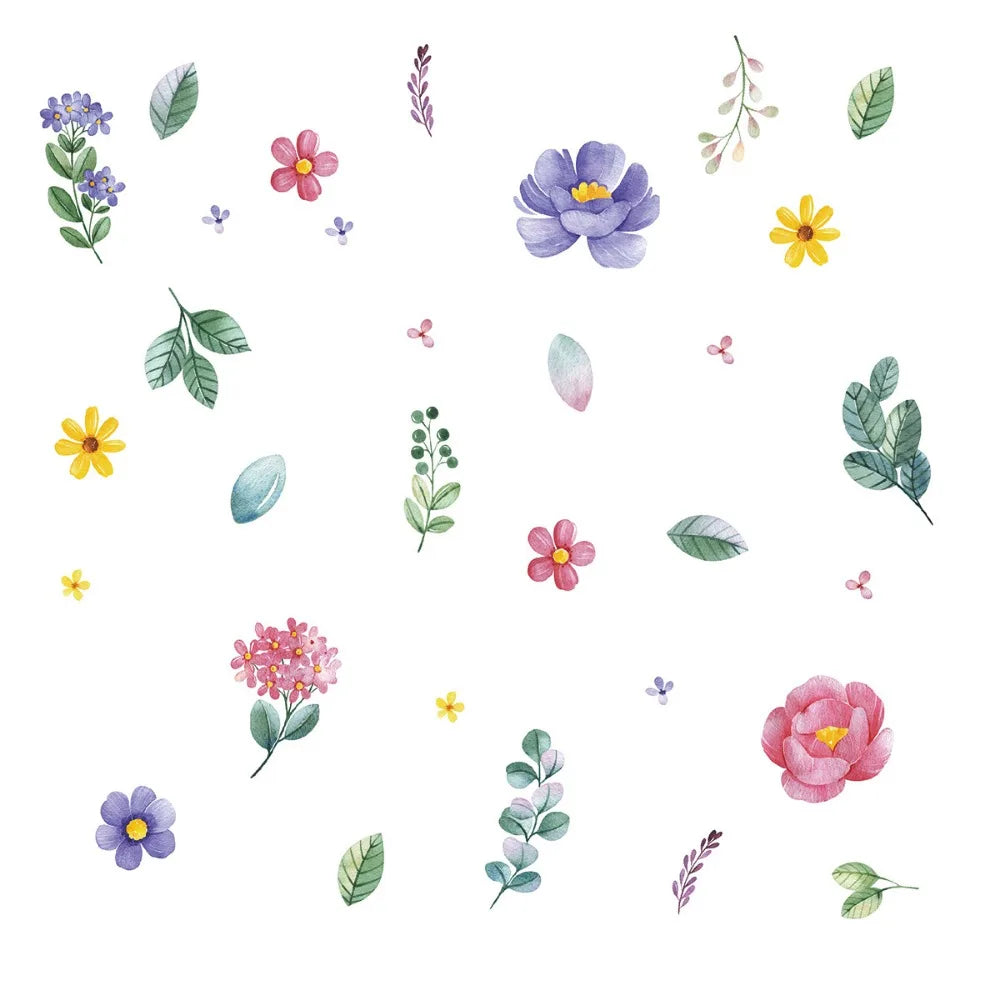 sticker mural fleur adhésif décoration enfantine champêtre minimaliste rose vert bleu jaune violet