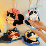 serviette toilette noire blanche bleue chat mignon coiffures différentes anneaux métal absorbante salle bain