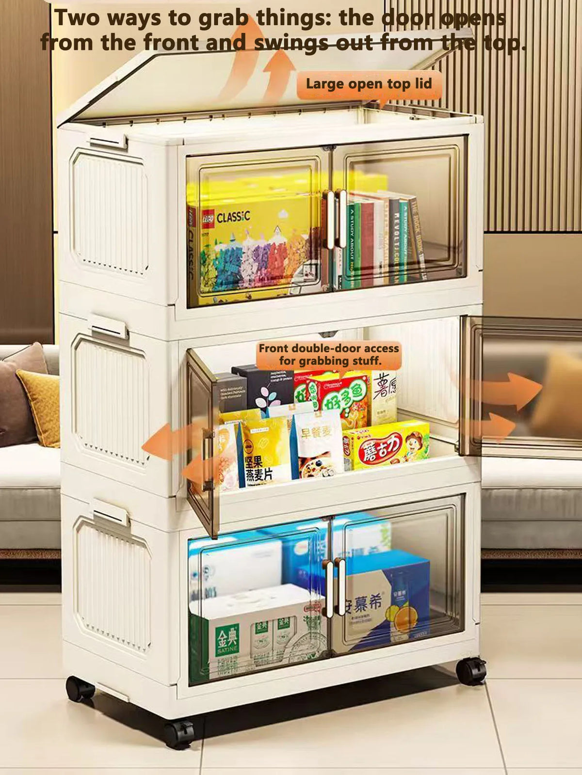 meuble rangement modulable blanc roulettes portes transparentes rayures verticales modernes