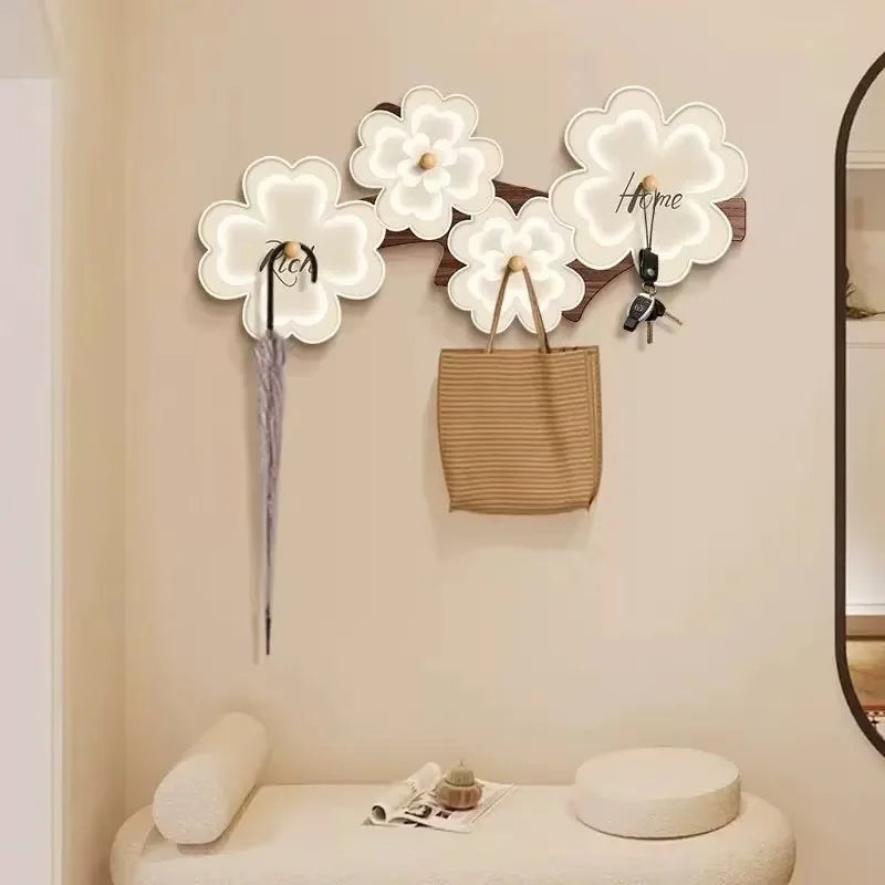 porte clés mural décoratif fleurs stylisées oiseaux blanc marron fixations sacs parapluies