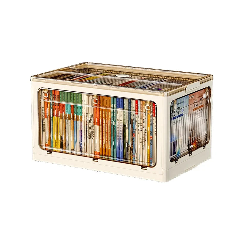 boîtes rangement livres transparentes couleurs beige verte orange moderne pliables pratiques