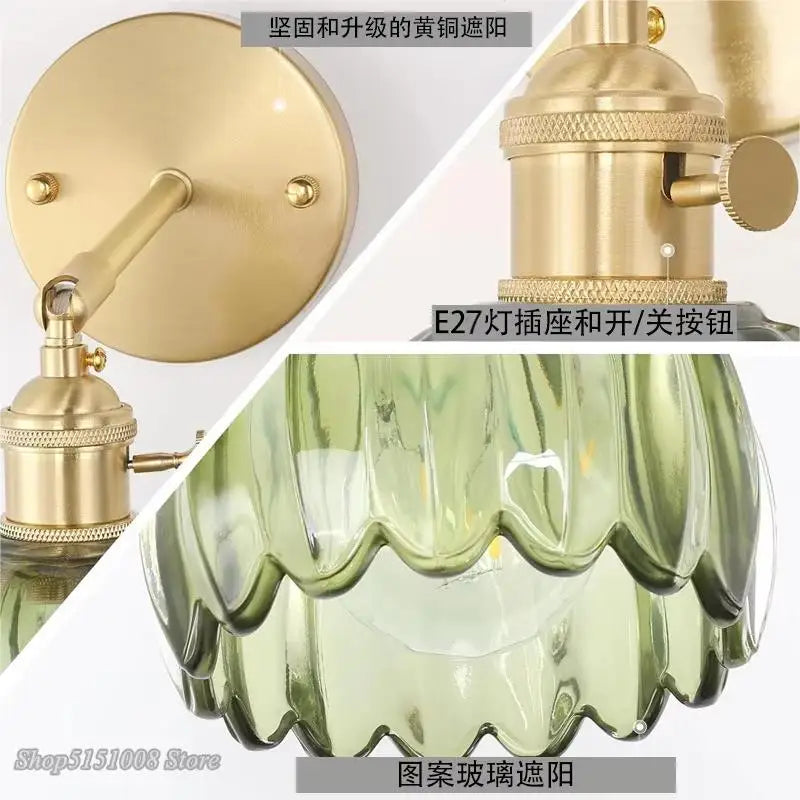 Lampe mur verte striée finition dorée vintage interrupteur on off