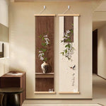 cadre mural suspendu paysage japonais fleurs blanches branches vertes oiseau noir texte chinois verte