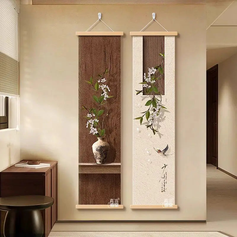 cadre mural suspendu paysage japonais fleurs blanches branches vertes oiseau noir texte chinois verte