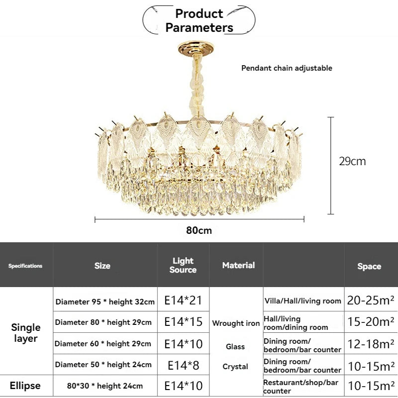 lustre doré cristal suspension salon chambre classique led 80cm adjustable