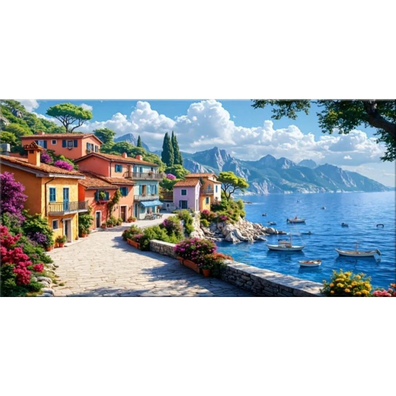 tableau mural moderne paysage urbain maison colorée fleur montagne mer multicolore sans cadre encre
