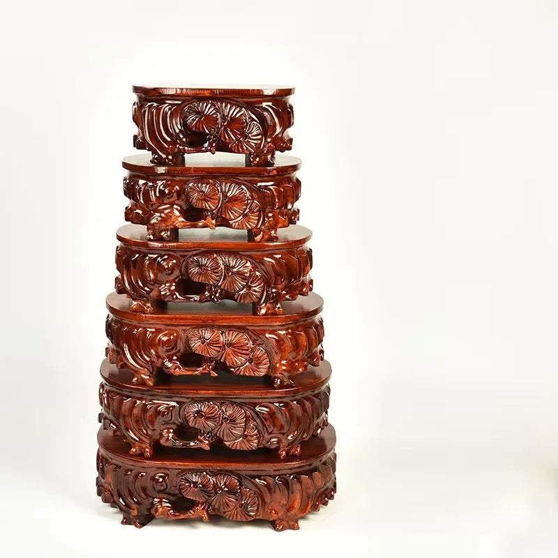 support bois marron sculpté motifs floraux artisanal vase pierre figurine plante decoration chinois traditionnel