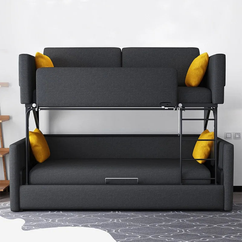 lit superposé convertible canapé moderne gris beige bleu turquoise blanc tissu uni oreillers coussins