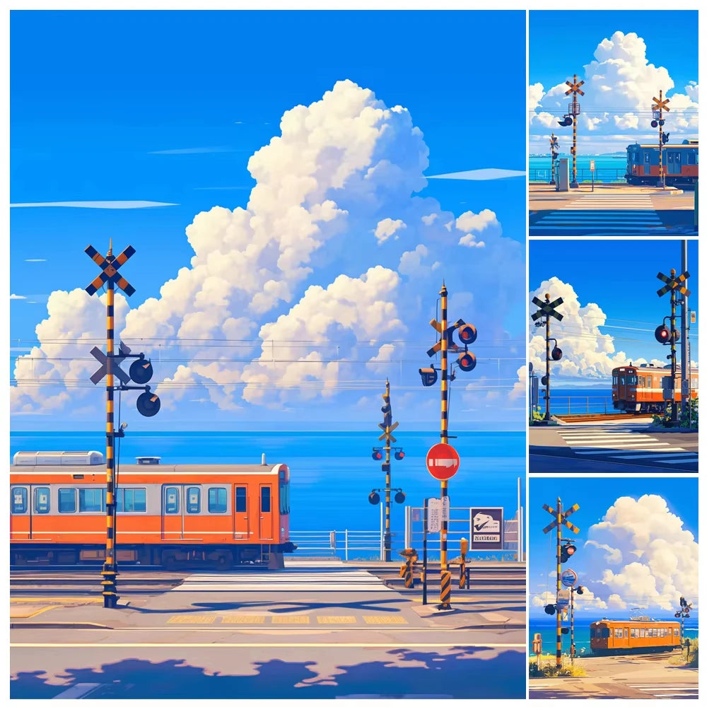 kit peinture numéros tableau paysage train toile pinceaux couleurs
