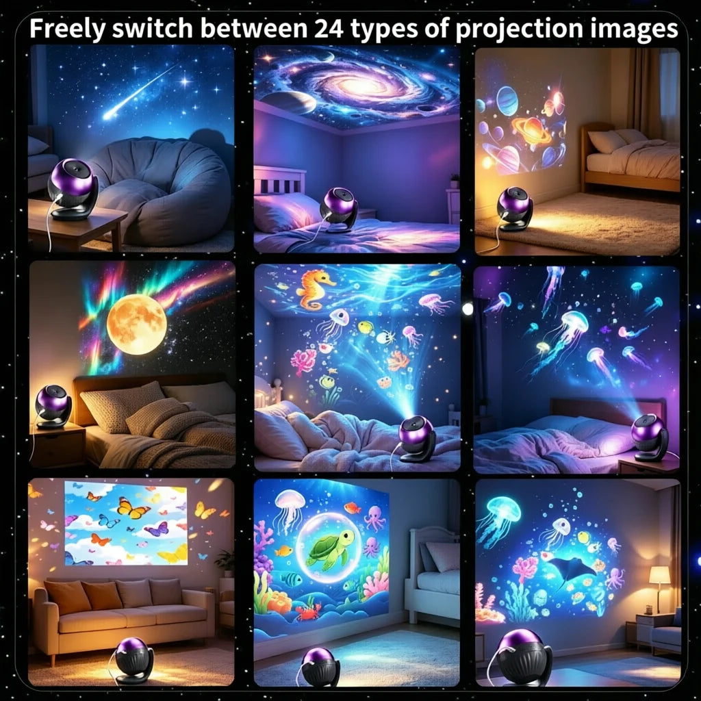 projecteur nuit violet noir moderne 24 motifs projection support rotatif led