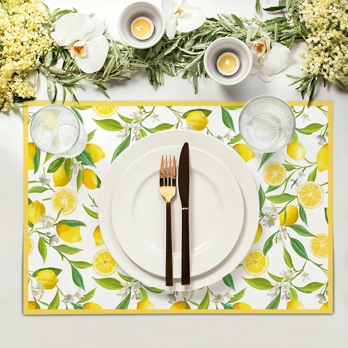 serviettes table motif citron blanc jaune vert modernes fêtes maison