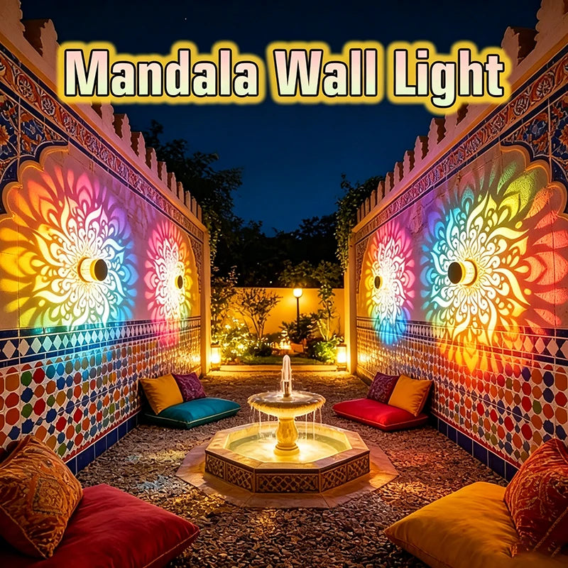 projecteur solaire mural mandala noir doré extérieur jardin patio moderne