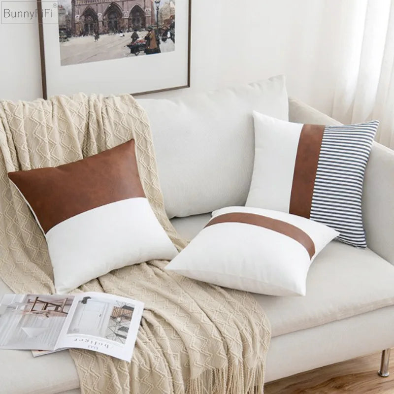 housse coussin carré moderne blanc bande marron rayures noir blanche fixations invisibles polyester coton