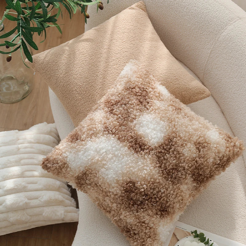 coussin patchwork géométrique beige carrés cercles doux hiver été 45x45cm