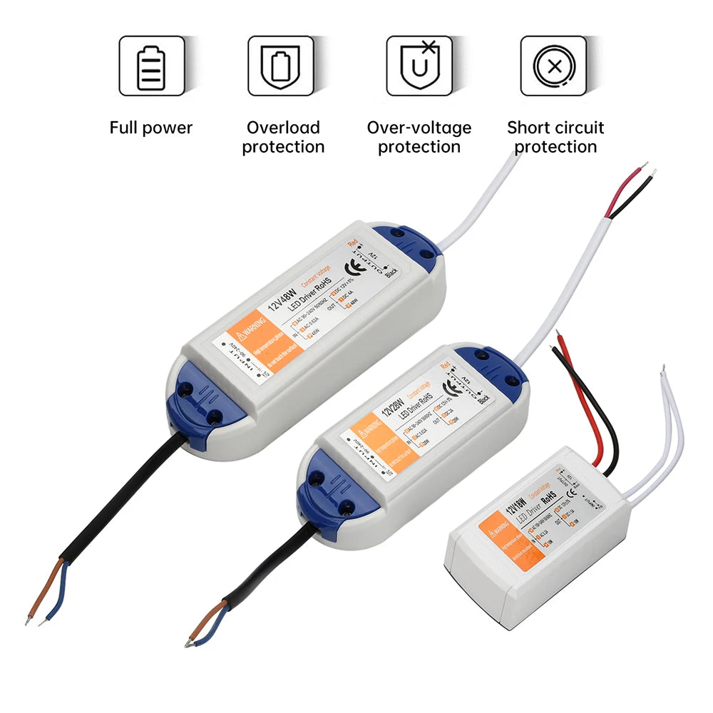transformateur led 12v alimentation 18w 28w 48w blanc bleu adhésif câbles noirs blancs moderne