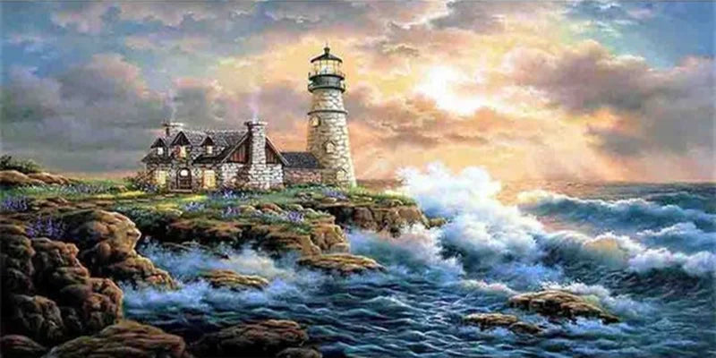 tableau point croix paysage marin phare nuages vagues multicolore moderne broderie fait main toile