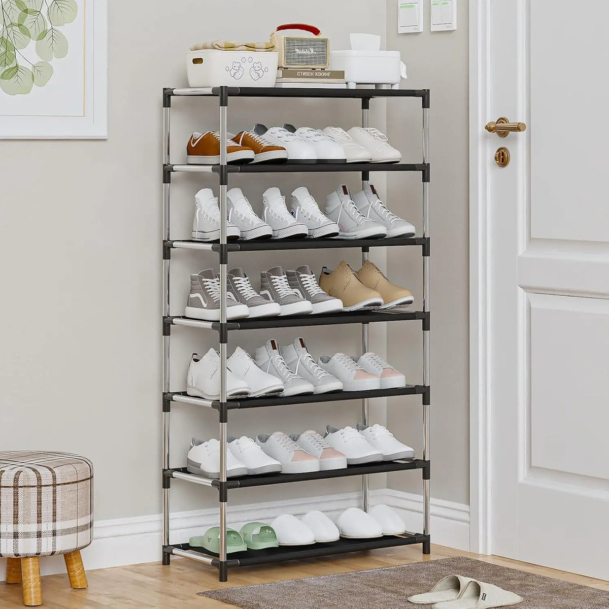 étagère chaussures multi niveaux gris métal moderne réutilisable fixations plastiques porte chaussures