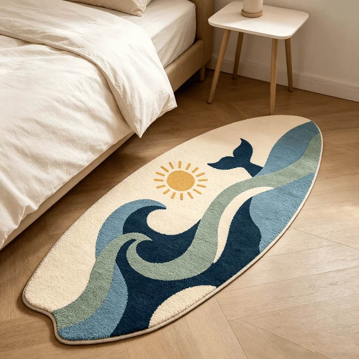 tapis moderne marine baleine ondes soleil beige bleu vert jaune chambre salon couloir polyester