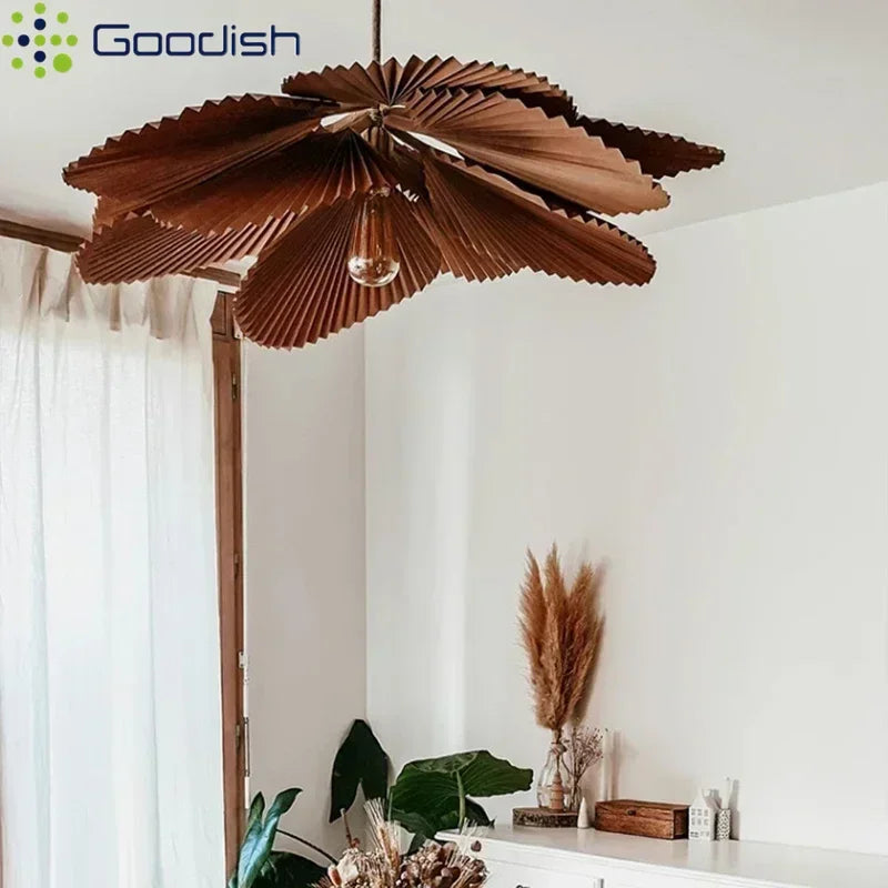 Suspension lumineuse moderne feuilles plissées marron clair salon chambre papier pliable éclairage blanc chaleur
