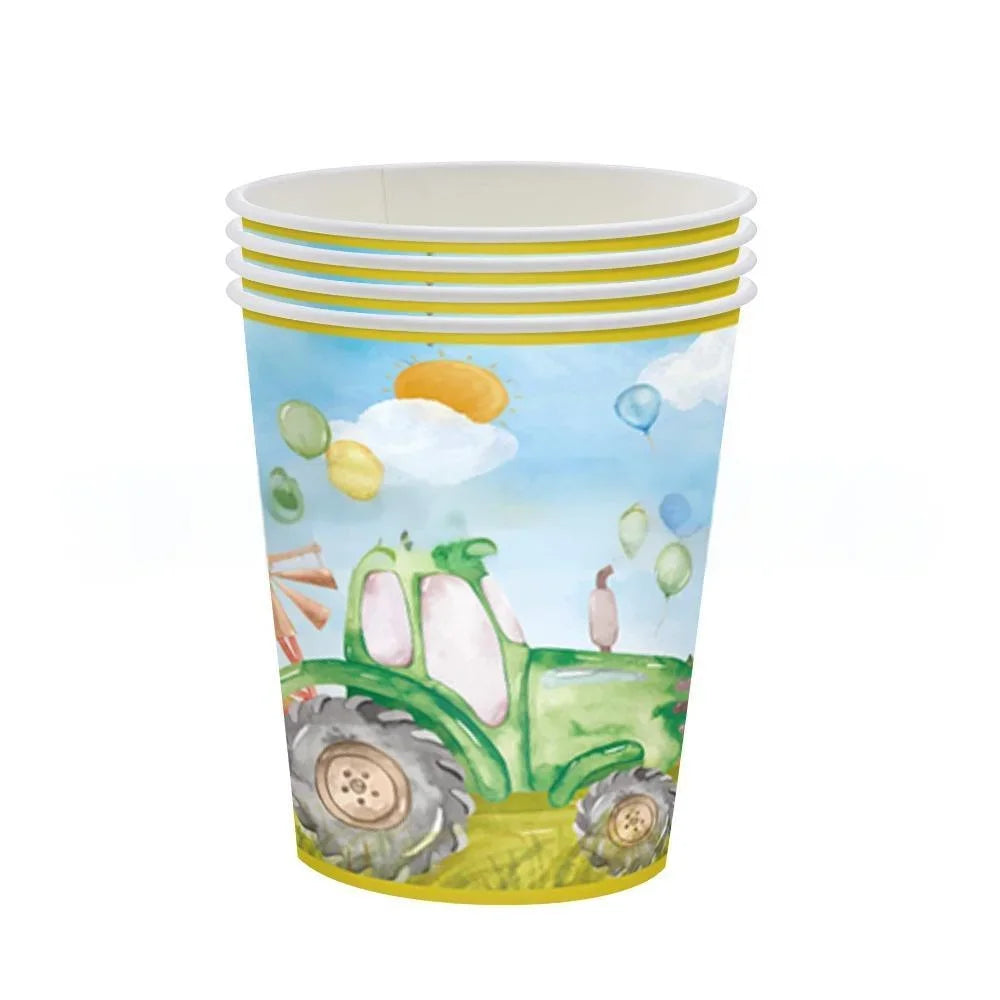 assiettes gobelets serviettes tracteur champ enfants vert bleu anniversaire fête campagne printemps