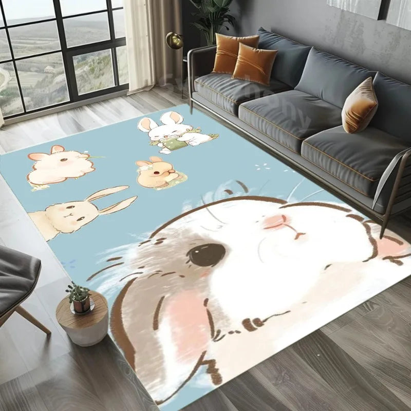 tapis moderne lapins dessins animés beige marron blanc bleu clair floral salon chambre fille