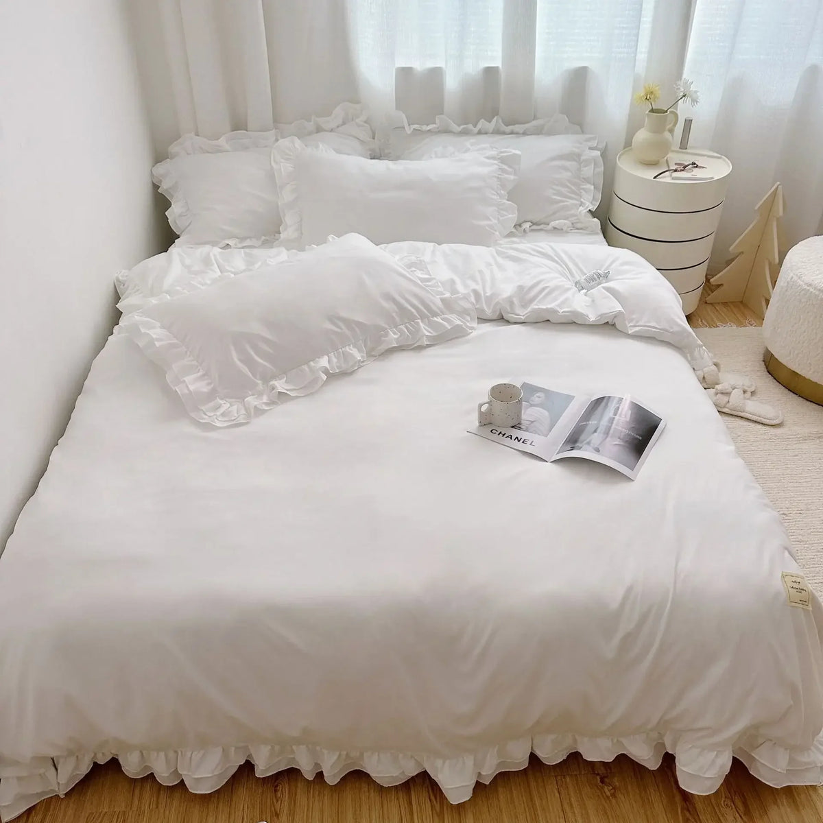 ensemble literie coton brossé ruffles romantique noir rose gris vert beige taies oreillers couverture