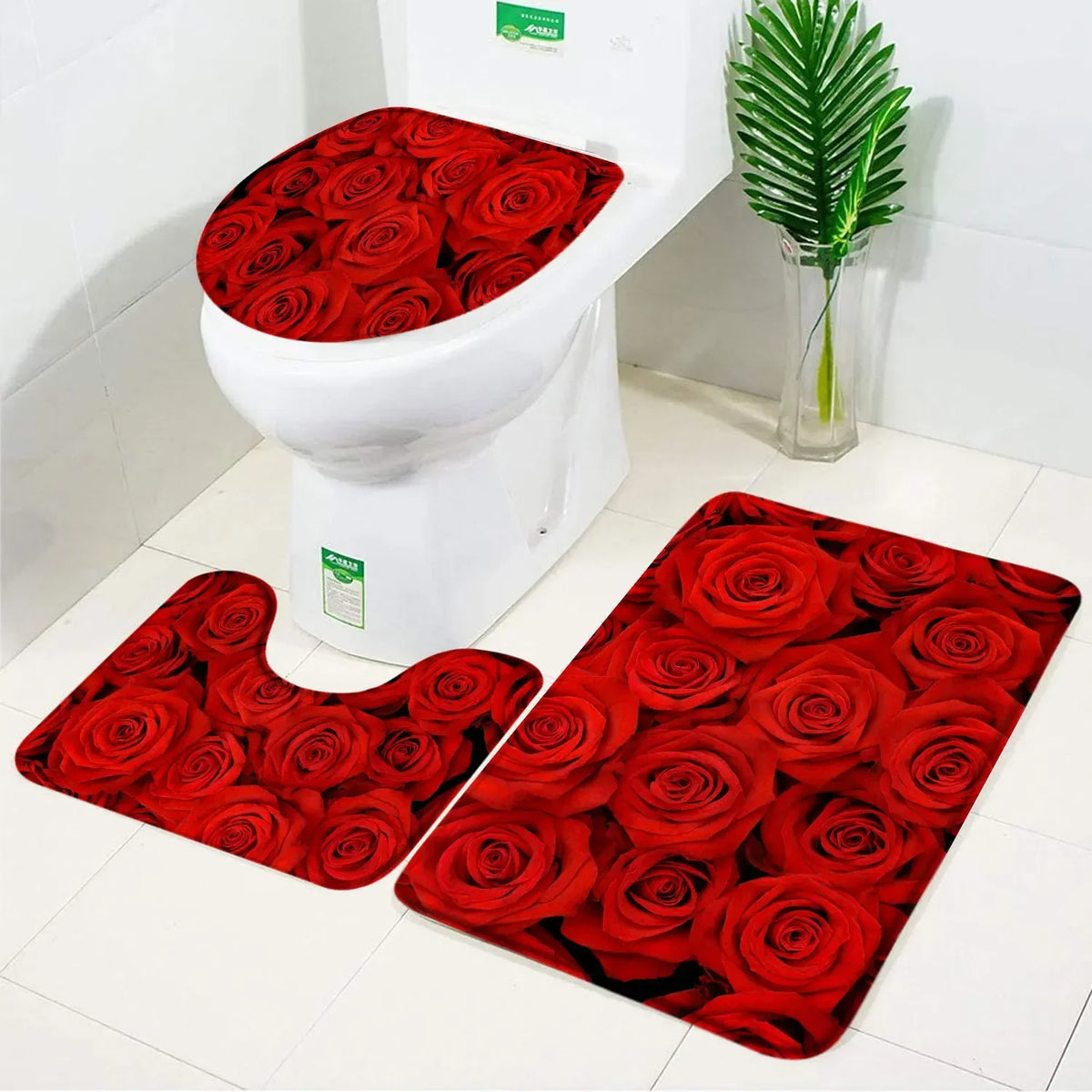 ensemble tapis bain salle bain rouge fleurs roses motif moderne coton doux décoratif