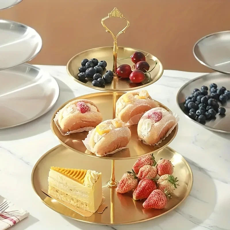 Support présentation desserts niveaux or élégant poignée couronne plateau lisse inoxydable