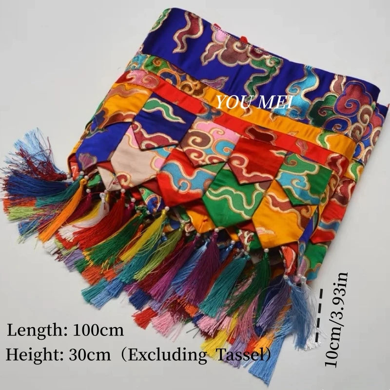 rideau ethnique handmade motifs floraux brodés pompons couleurs vives traditionnel clips fixations
