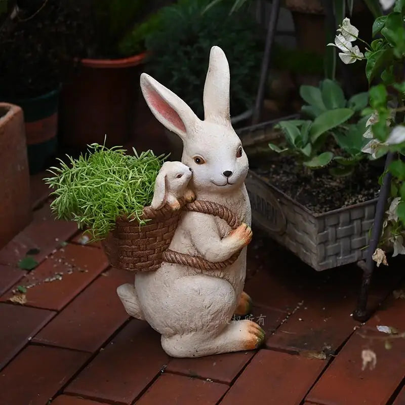 pot fleurs lapin mignon panier tressé plante verte décoration jardin patio chic aspect vieilli