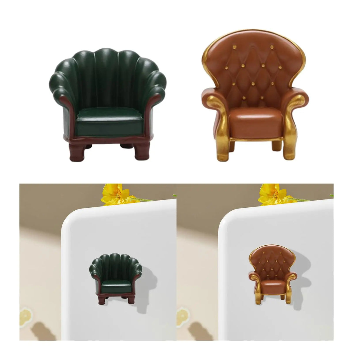 fauteuil miniature vert marron simili cuir boutons dorés adhésif décoration intérieure classique sticker aimant