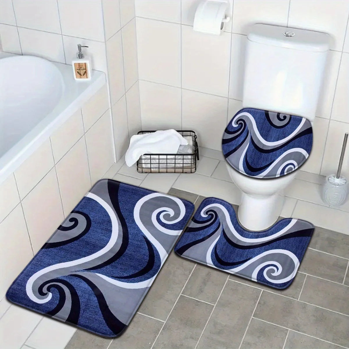tapis bain moderne bleu marine gris blanc spirales abstraites antidérapants salle bain pièces