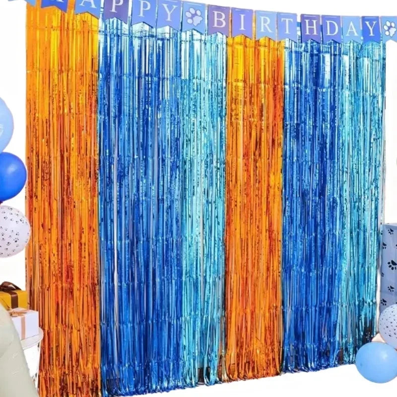 rideau festif orange bleu rayures brillantes décoration anniversaire enfant école événement ornement transparent festif